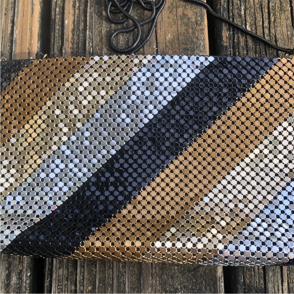 Gold Black Bronze Silver Mesh Stripe Purse Bag Cross Body Metal Vintage 70s 80s - Picture 2 of 8